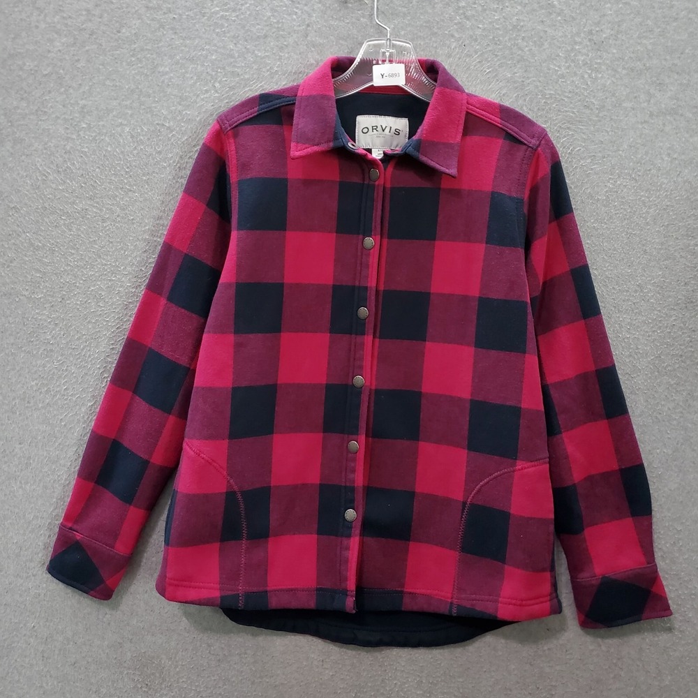 Orvis Women Jacket Small Pink Plaid Flannel Snap Shacket Collar Fleece Lined
